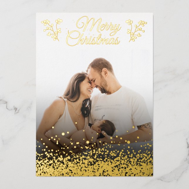 Tarjeta Festiva Con Relieve Metalizado Marco Botánico Verde Dorado de Navidad (Anverso)