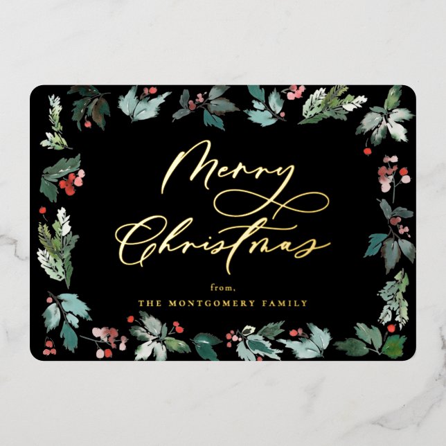 Tarjeta Festiva Con Relieve Metalizado Marco de bayas botánicas Festivo guión de Navidad (Anverso)