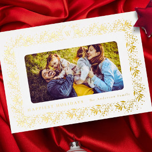 Tarjeta Festiva Con Relieve Metalizado Marco de botánicos de monograma de Navidad familia