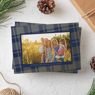 Tarjeta Festiva Con Relieve Metalizado Marco de Cuadro de Plaid Simple Azul Marino