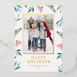 Tarjeta Festiva Con Relieve Metalizado Marco de foto botánico de invierno en acuarela