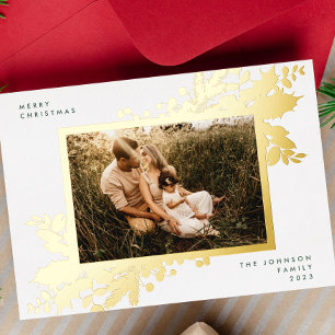 Tarjeta Festiva Con Relieve Metalizado Marco de Foto Botánico de Navidad Dorado Elegante