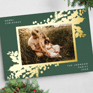 Tarjeta Festiva Con Relieve Metalizado Marco de foto botánico de Navidad dorado moderno