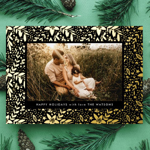 Tarjeta Festiva Con Relieve Metalizado Marco de foto botánico de oro de ónix Premium Feli