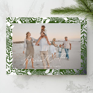 Tarjeta Festiva Con Relieve Metalizado Marco de foto botánico verde plateado de Navidad