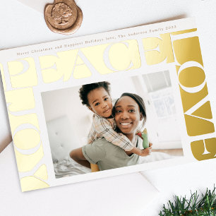 Tarjeta Festiva Con Relieve Metalizado marco de foto de AMOR PAZ ALEGRÍA dorado y colorid