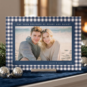 Tarjeta Festiva Con Relieve Metalizado Marco de foto de cuadros azul marino