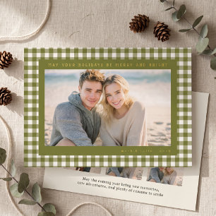 Tarjeta Festiva Con Relieve Metalizado Marco de foto de gingham verde oliva
