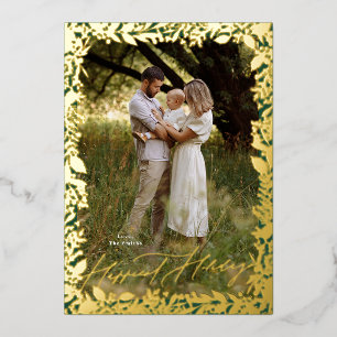 Tarjeta Festiva Con Relieve Metalizado marco de foto de Navidad botánico dorado