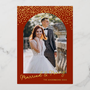 Tarjeta Festiva Con Relieve Metalizado Marco de foto de Navidad casados y felices Rojo