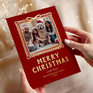 Tarjeta Festiva Con Relieve Metalizado Marco de Foto de Navidad de la Familia Doodle