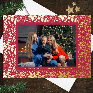 Tarjeta Festiva Con Relieve Metalizado Marco de Navidad Botánico de Foto en ROJO Magenta 
