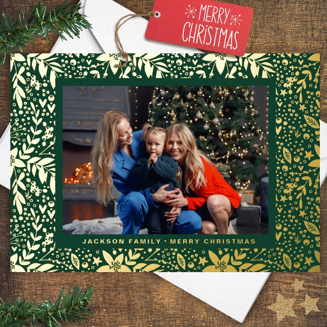 Tarjeta Festiva Con Relieve Metalizado Marco de Navidad Botánico Verde y DORADO Foto (Subido por el creador)