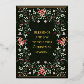 Tarjeta Festiva Con Relieve Metalizado Marco de Navidad floral acuarela sobre verde oscur