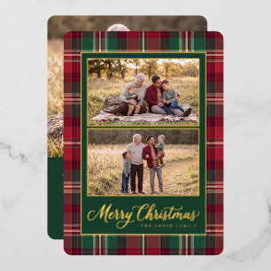 Tarjeta Festiva Con Relieve Metalizado Marco de Tartán con Múltiples Fotos Feliz Navidad