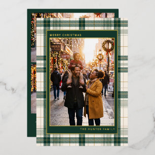 Tarjeta Festiva Con Relieve Metalizado Marco de Tartán Verde Feliz Navidad Foto Familiar