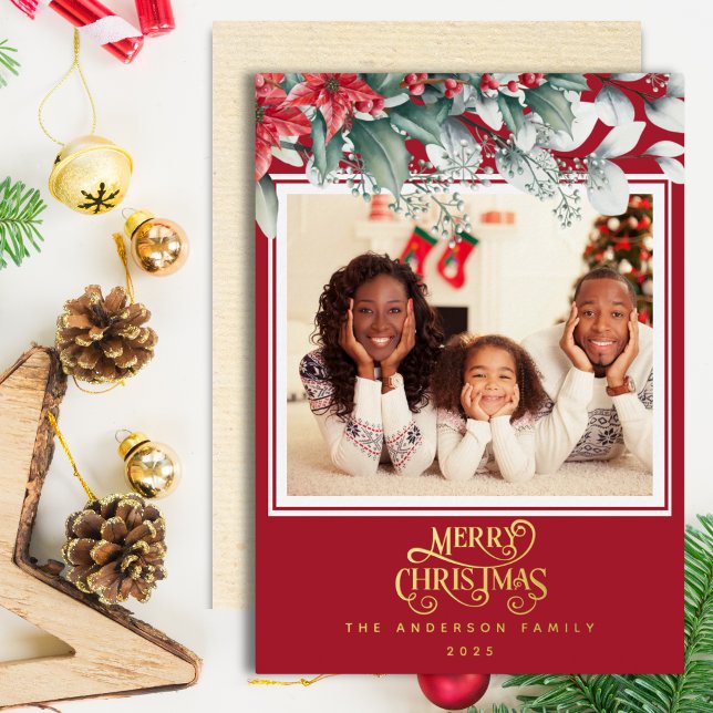 Tarjeta Festiva Con Relieve Metalizado Marco floral rojo Feria navideña foto (Subido por el creador)