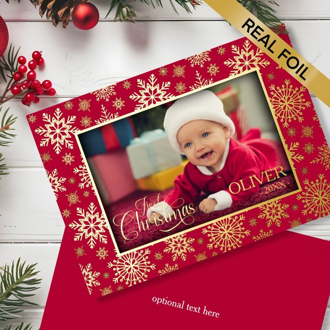 Tarjeta Festiva Con Relieve Metalizado Marco fotográfico de Snowflake (Snowflake Photo Frame Foil Holiday Card - gold and red)