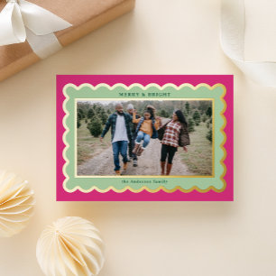 Tarjeta Festiva Con Relieve Metalizado Marco fotográfico Mint and Fuchsia Preppy rosa