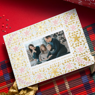 Tarjeta Festiva Con Relieve Metalizado marco moderno de tema de Navidad con foto en dorad