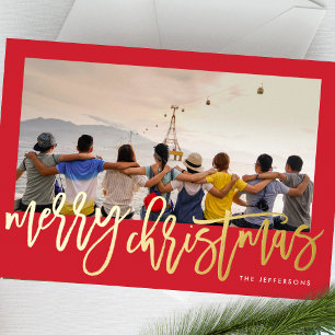 Tarjeta Festiva Con Relieve Metalizado Marco Rojo y Dorado Foto de Feliz Navidad