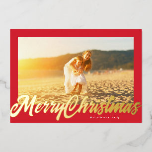 Tarjeta Festiva Con Relieve Metalizado Marco Rojo y Foto de Feliz Navidad en Dorado