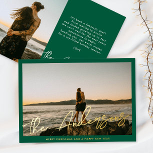 Tarjeta Festiva Con Relieve Metalizado Marco Verde Pincel Dorado Foto Navidad en letra Sc
