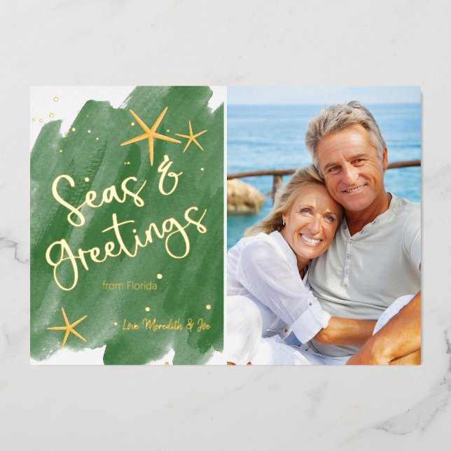 Tarjeta Festiva Con Relieve Metalizado Mares acuarelas y saludos verdes (Anverso)