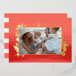 Tarjeta Festiva Con Relieve Metalizado Mares de coral y saludos marco de foto oceánica