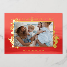 Tarjeta Festiva Con Relieve Metalizado Mares de coral y saludos marco de foto oceánica