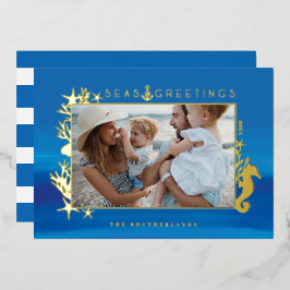 Tarjeta Festiva Con Relieve Metalizado Mares Náuticos Azules y Saludos Marco de fotos oce