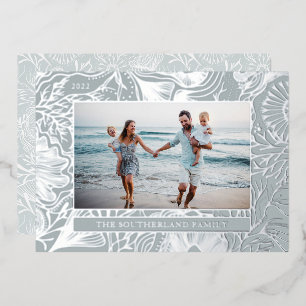 Tarjeta Festiva Con Relieve Metalizado Mares y saludo foto de vida marina del océano