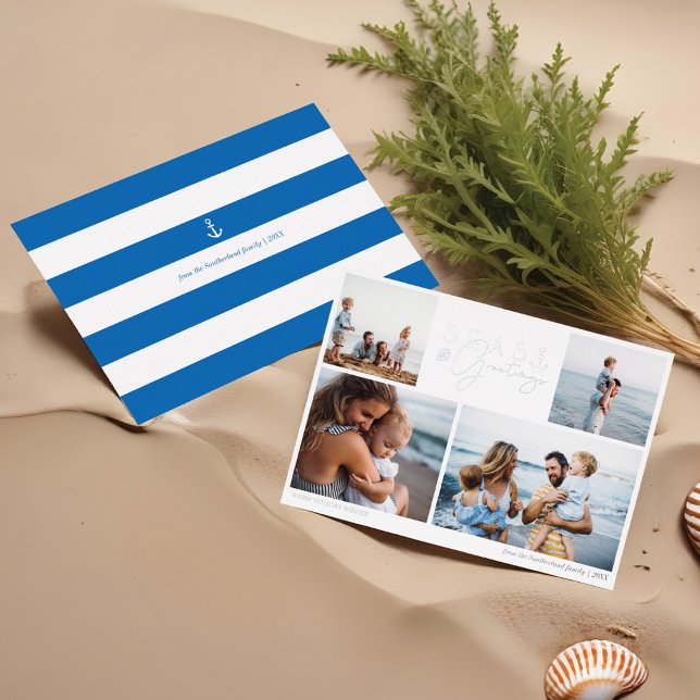 Tarjeta Festiva Con Relieve Metalizado Mares y saludos Blue Nautical Múltiple foto (Seas & Greetings Blue Nautical Multiple Photo Foil Holiday Card)