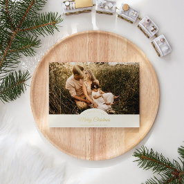 Tarjeta Festiva Con Relieve Metalizado Marfil Muy Feliz Navidad Cuatro Foto Horizontal