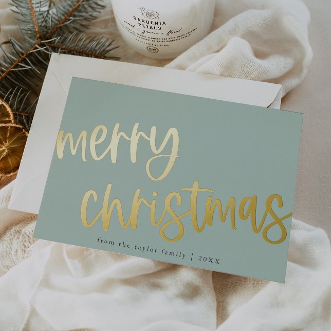 Tarjeta Festiva Con Relieve Metalizado MARIAH Mint Green Relieve metalizado dorado Family (MARIAH Mint Green Gold Foil Family Merry Christmas Foil Holiday Card)