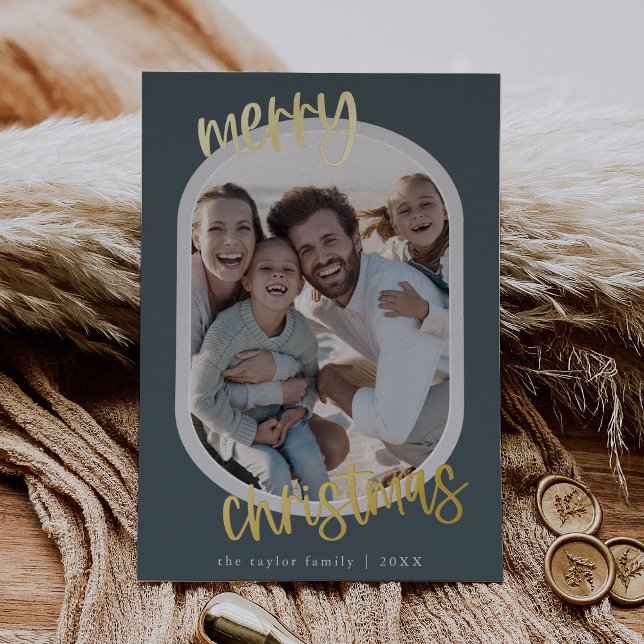 Tarjeta Festiva Con Relieve Metalizado MARIAH Relieve metalizado Azul Retro Familia Fun N (MARIAH Blue Foil Retro Family Fun Christmas Photo Foil Holiday Card)