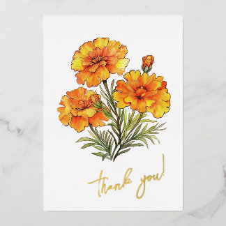 Tarjeta Festiva Con Relieve Metalizado Marigold Flower "¡Gracias!" Editable