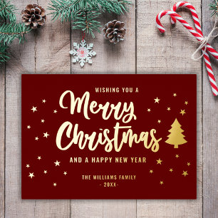 Tarjeta Festiva Con Relieve Metalizado Maroon Gold No Photo Family Name Merry Christmas