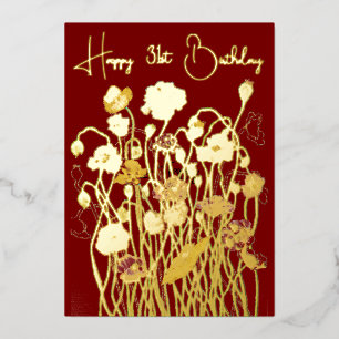 Tarjeta Festiva Con Relieve Metalizado Maroon & Gold Wild Poppy Watercolor envejecido Cum