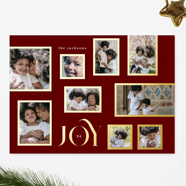 Tarjeta Festiva Con Relieve Metalizado Maroon Photo GOLD Frames Collage Modern JOY (Subido por el creador)