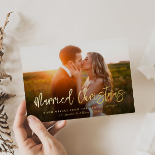 Tarjeta Festiva Con Relieve Metalizado Married Christmas Newlywed Brush Script Photo