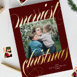 Tarjeta Festiva Con Relieve Metalizado marroon merriest navidad caligraphy one photo<br><div class="desc">💌 Comparte el amor y difunde la alegría de las vacaciones con mi cuidadosa tarjeta de saludo hecha a mano. Esta tarjeta es un lienzo para sus deseos de vacaciones a amigos, familia y colegios. adorné los diseños cautivadores y esto definió toda mi colección de vacaciones. Espero que te gusten...</div>