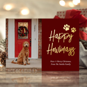 Tarjeta Festiva Con Relieve Metalizado Mascota feliz de la caligrafía de oro rojo de Howl