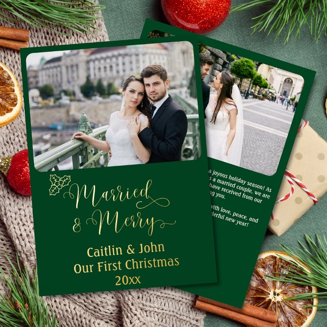 Tarjeta Festiva Con Relieve Metalizado Matrimonio Personalizado Newlyweds Primer Navidad  (Married & Merry, Our 1st Christmas together custom gold foil card with 2 photos and custom text.)