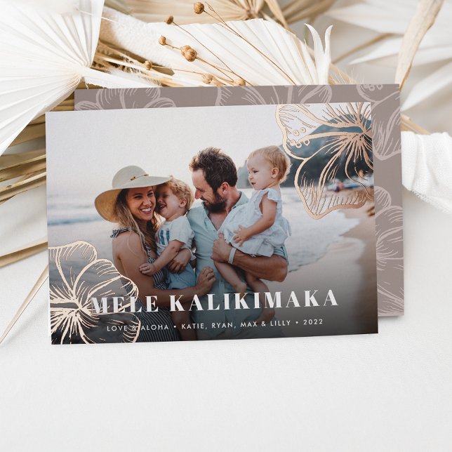Tarjeta Festiva Con Relieve Metalizado Mele Kalikimaka | Foto floral hawaiana (Subido por el creador)