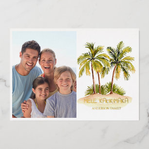 Tarjeta Festiva Con Relieve Metalizado Mele Kalikimaka Foto Oro de los Navidades hawaiano