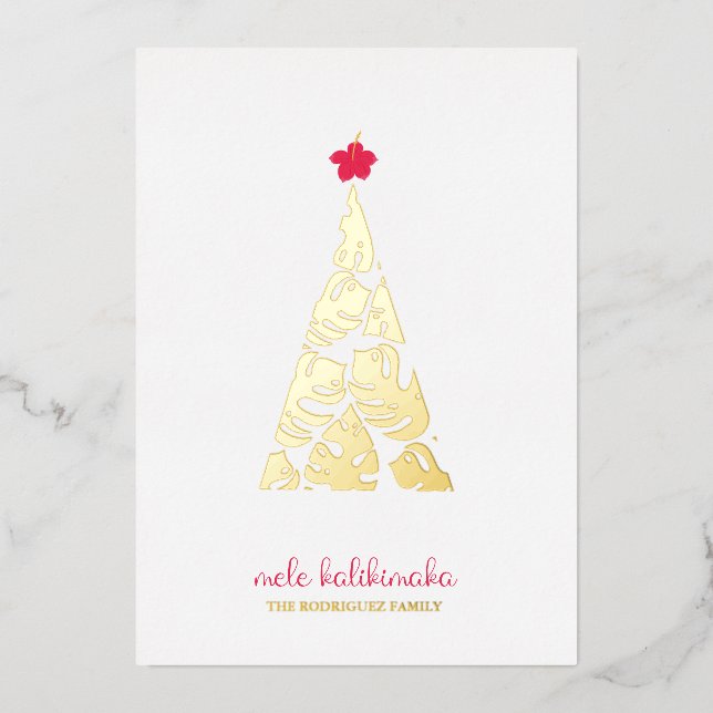 Tarjeta Festiva Con Relieve Metalizado Mele Kalikimaka Monstera Leaf Hibiscus (Anverso)