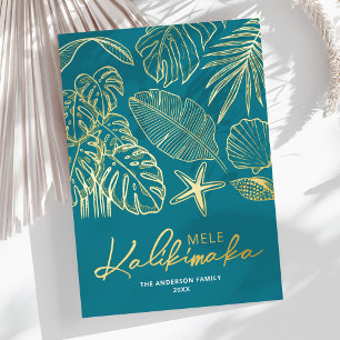 Tarjeta Festiva Con Relieve Metalizado Mele Kalikimaka Navidad Tropical sin Foto