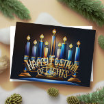 Tarjeta Festiva Con Relieve Metalizado Menorah Festival of Lights Blue Abstract Drawing<br><div class="desc">Dibujo del Festival Menorah de Luces Azul de Oro</div>