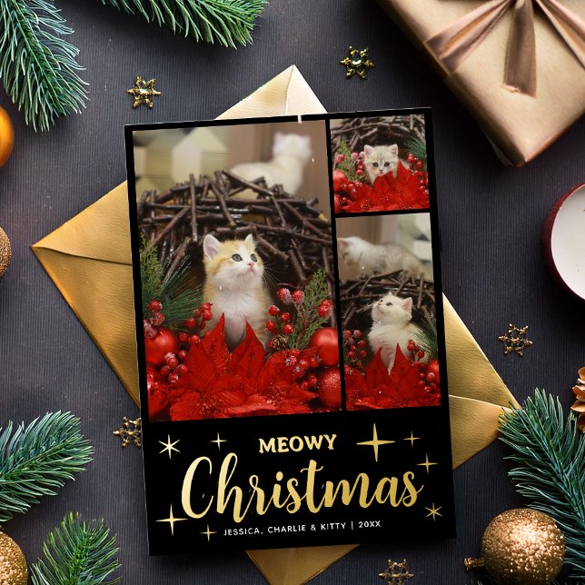 Tarjeta Festiva Con Relieve Metalizado Meowy Christmas Cute Cat  Photo Collage Pet Kitten (Subido por el creador)